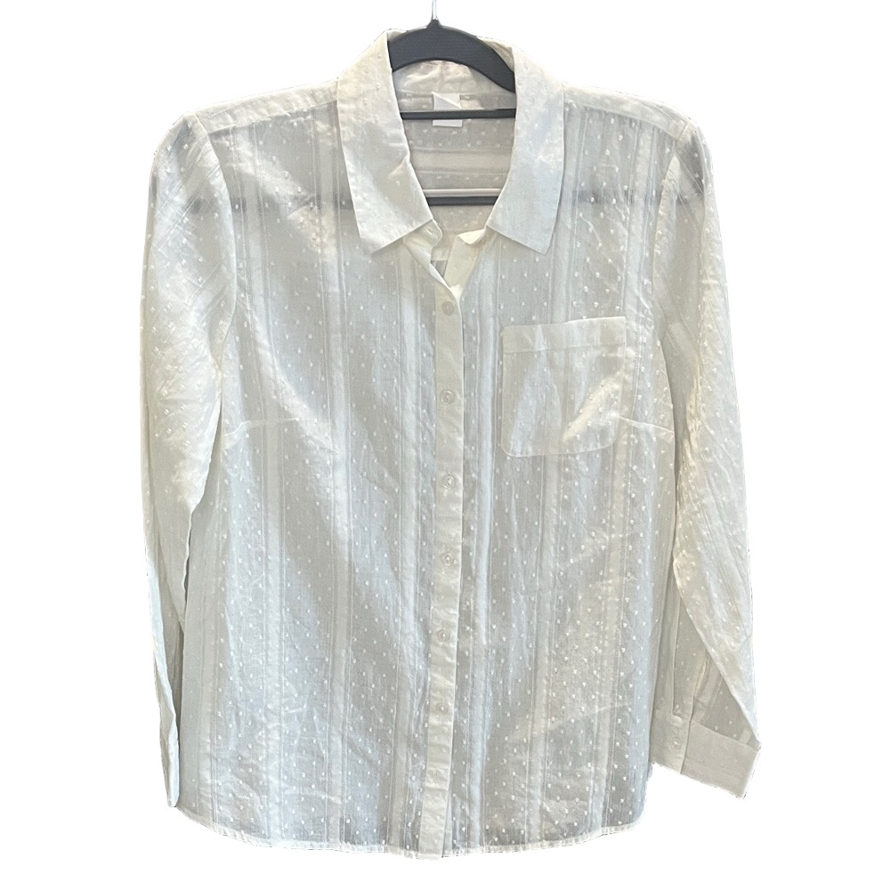 Denim & Co Cream Colored Cotton Clip Dot Button Down Semitransparent Shirt